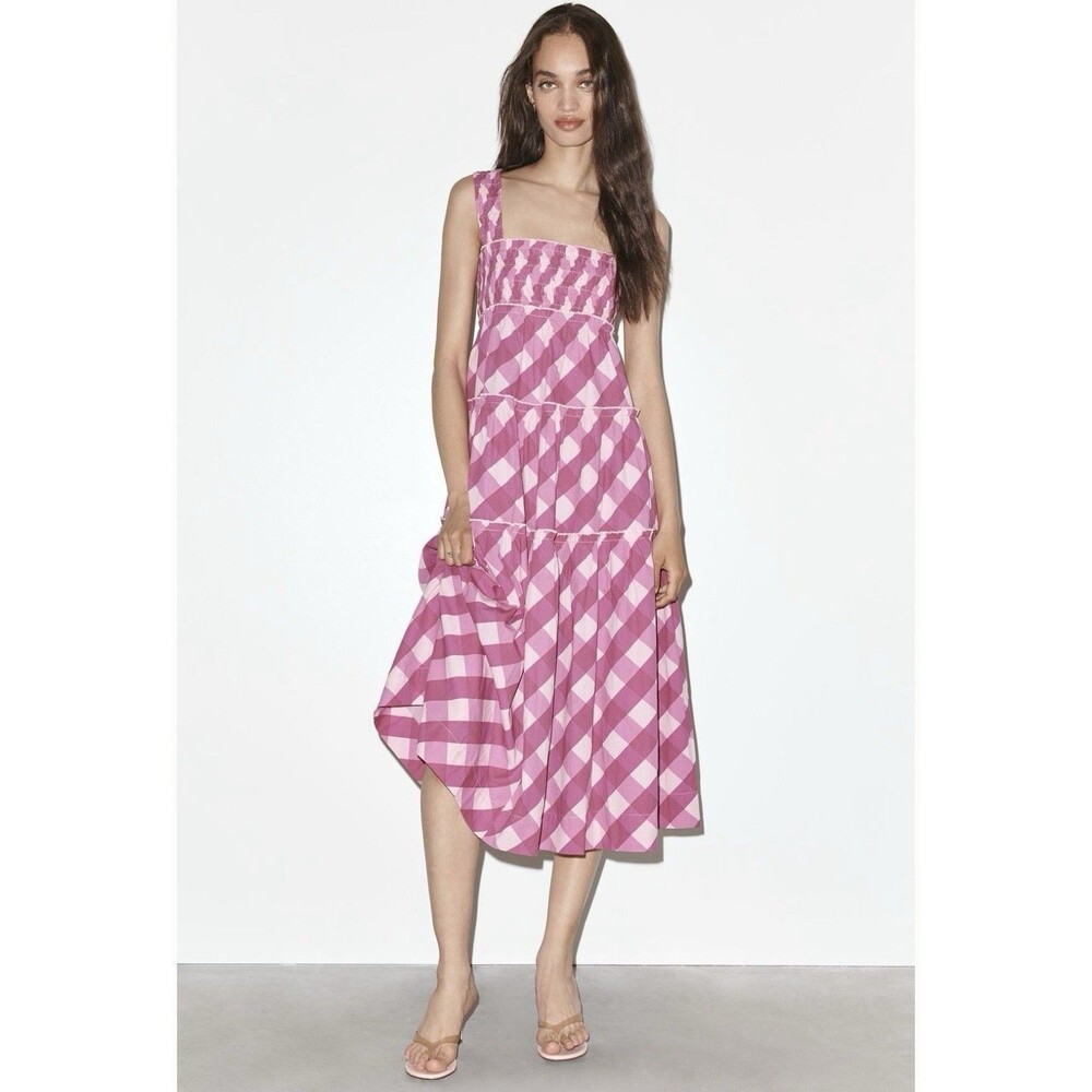 Maeve Pink Plaid Smocked Square Neck Sleeveless Midi Dress Size L NWT